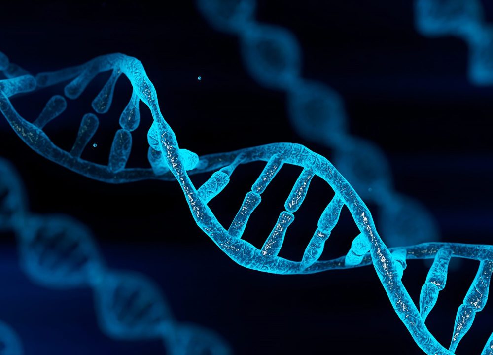 Blue chromosome DNA and gradually glowing flicker light matter chemical when camera moving closeup. Medical and Heredity genetic health concept. Technology science. 3D illustration rendering